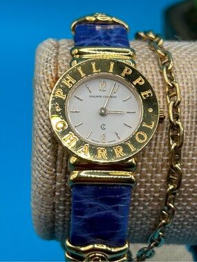 Authentic Philippe Charriol Gold Chain and Blue Leather Women's Watch